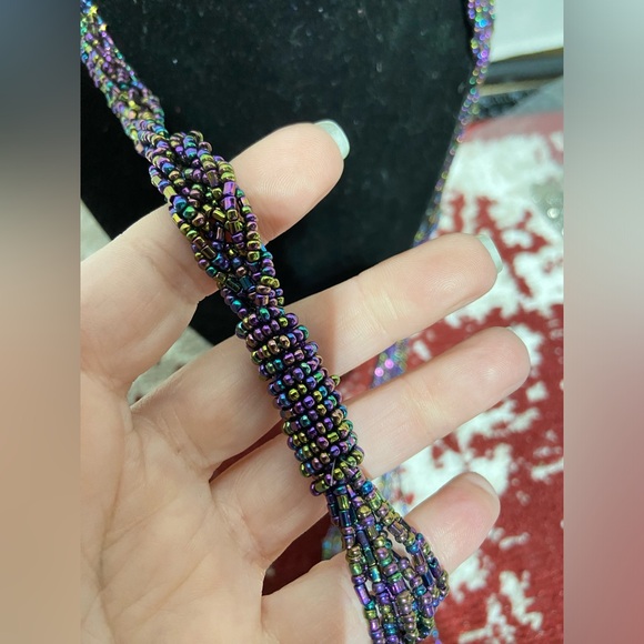 Peacock Seed Bead Braided and Layered Necklace - Picture 2 of 4
